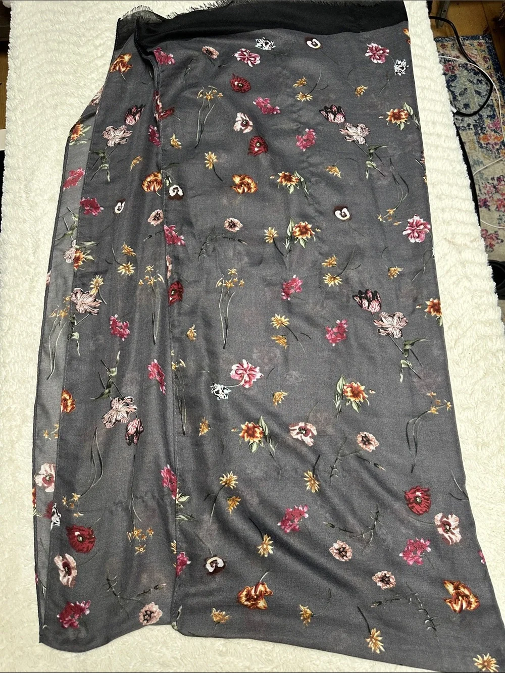 Gray Botanical Print Scattered Wildflowers Long Boho Scarf